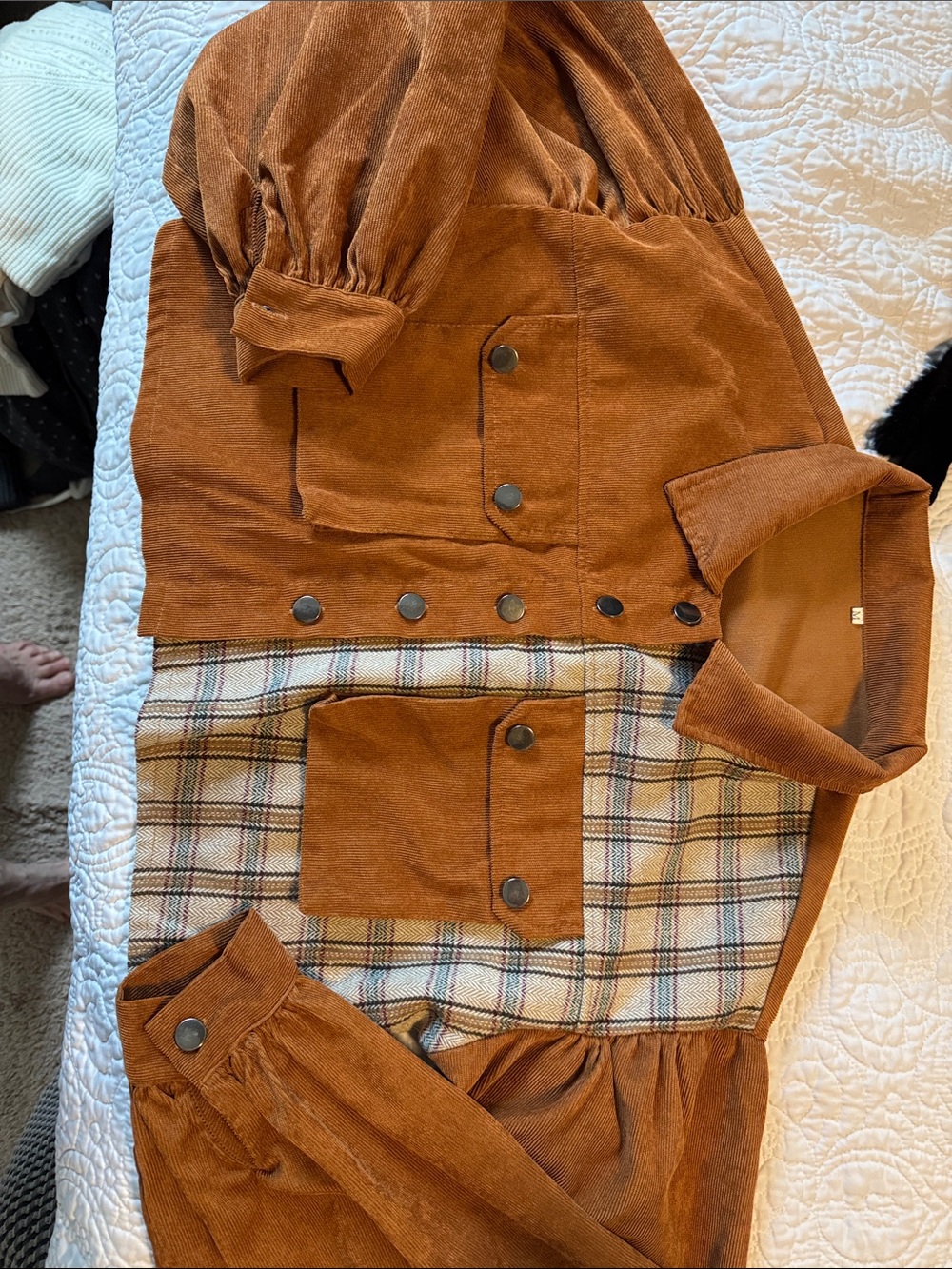 Corduroy Plaid Patchwork Jacket - Rust Brown
